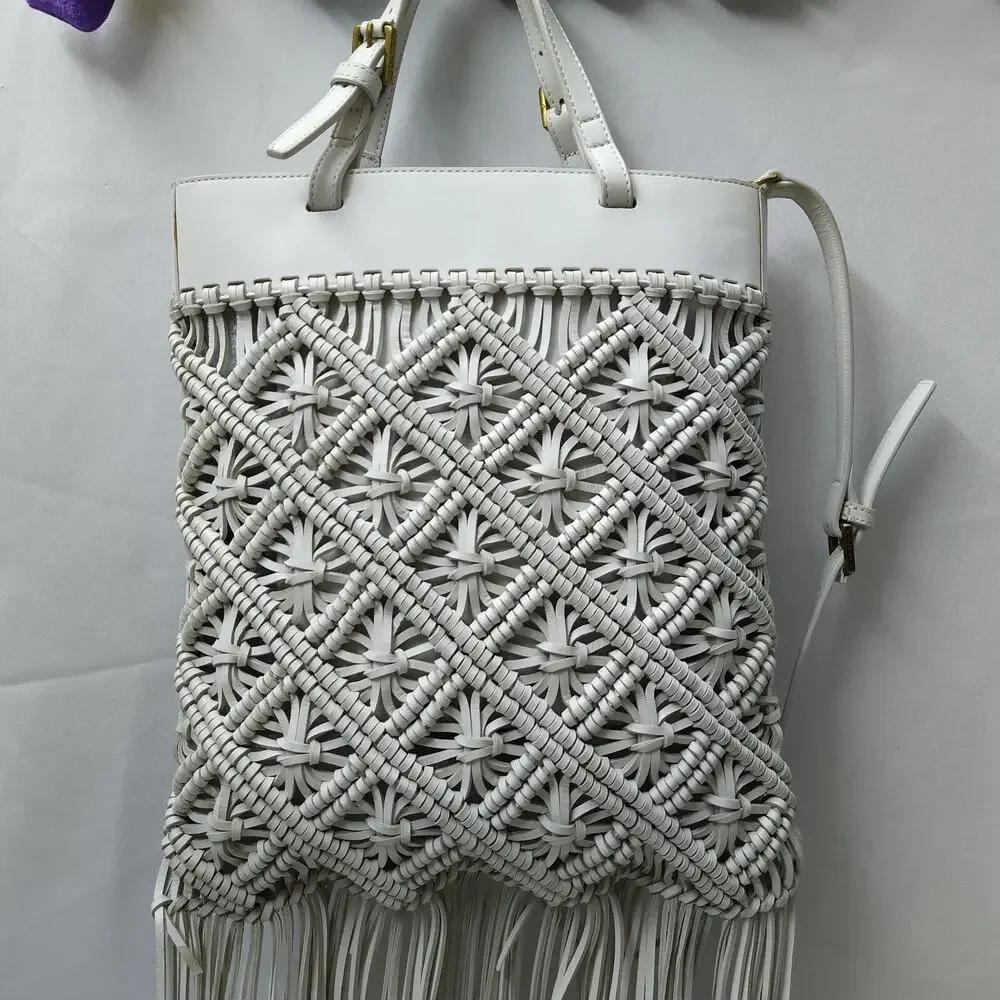 Tory Burch White Leather Woven Braided Macramé Fringe Limited Ed Crossbody Bag